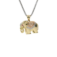14KT Gold Charm Small Tri Tone Elephant with Pink CZ Stone Eye and Diamond Cut Rose Gold Curved Blanket Plain Bell