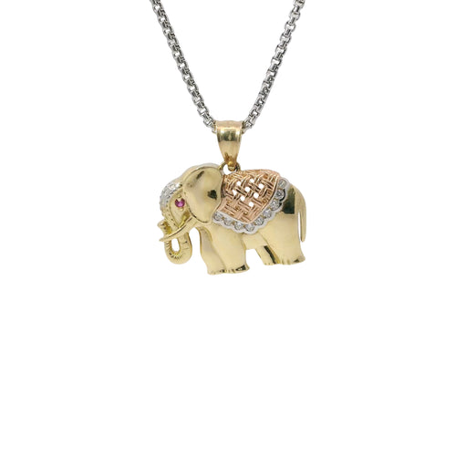 14KT Gold Charm Small Tri Tone Elephant with Pink CZ Stone Eye and Diamond Cut Rose Gold Curved Blanket Plain Bell