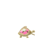 14KT Gold Earrings Small Pink and White Enamel Turtle with White CZ Stones Shell Border, and Push Back Post and Butterfly Backs