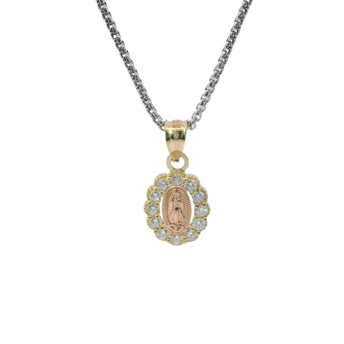 14KT Gold Charm Small Two Tone Oval Virgin Mary with White CZ Stones Border and Plain Bell