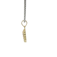 14KT Gold Charm Small Two Tone Oval Virgin Mary with White CZ Stones Border and Plain Bell