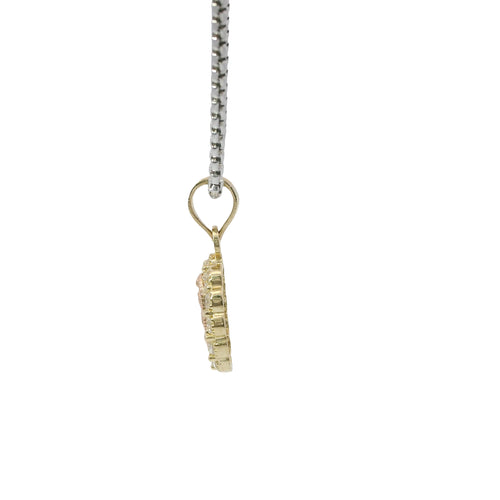14KT Gold Charm Small Two Tone Oval Virgin Mary with White CZ Stones Border and Plain Bell