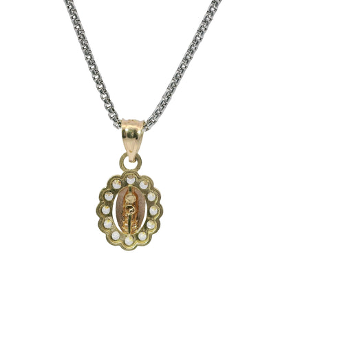 14KT Gold Charm Small Two Tone Oval Virgin Mary with White CZ Stones Border and Plain Bell