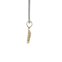 14KT Gold Charm Small Two Tone Oval Virgin Mary with White CZ Stones Border and Plain Bell