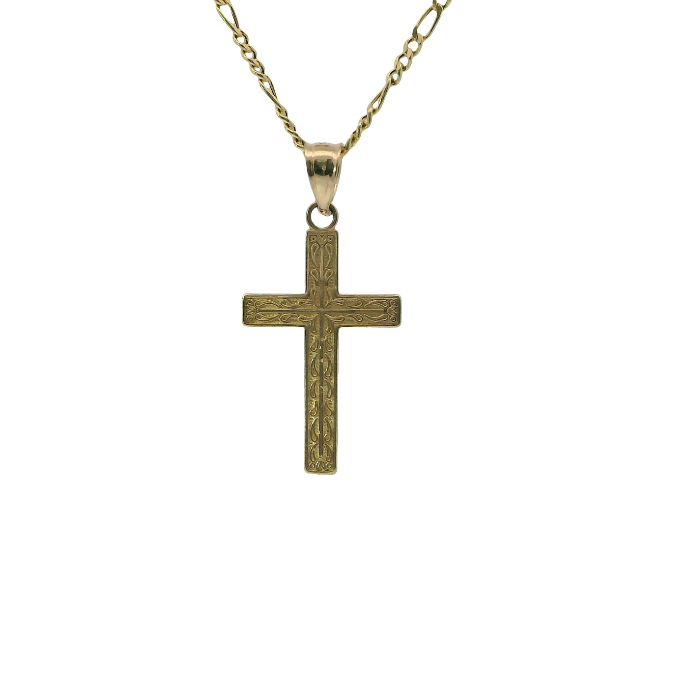 14KT Gold Charm Small Wavy Line Center Cross with Plain Bell