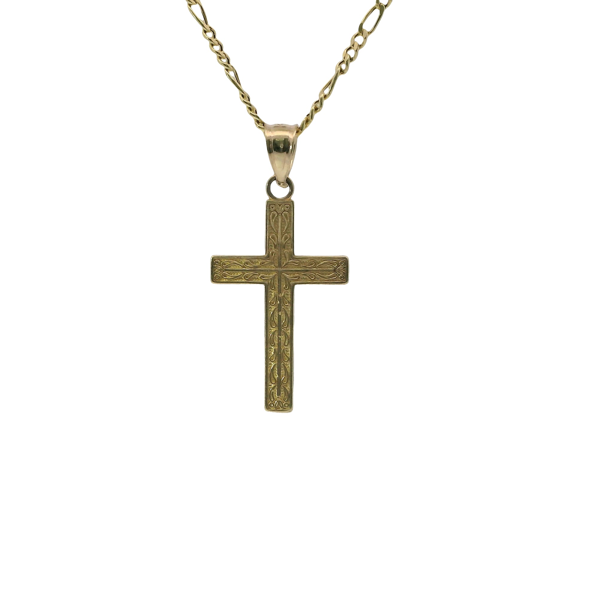 14KT Gold Charm Small Wavy Line Center Cross with Plain Bell
