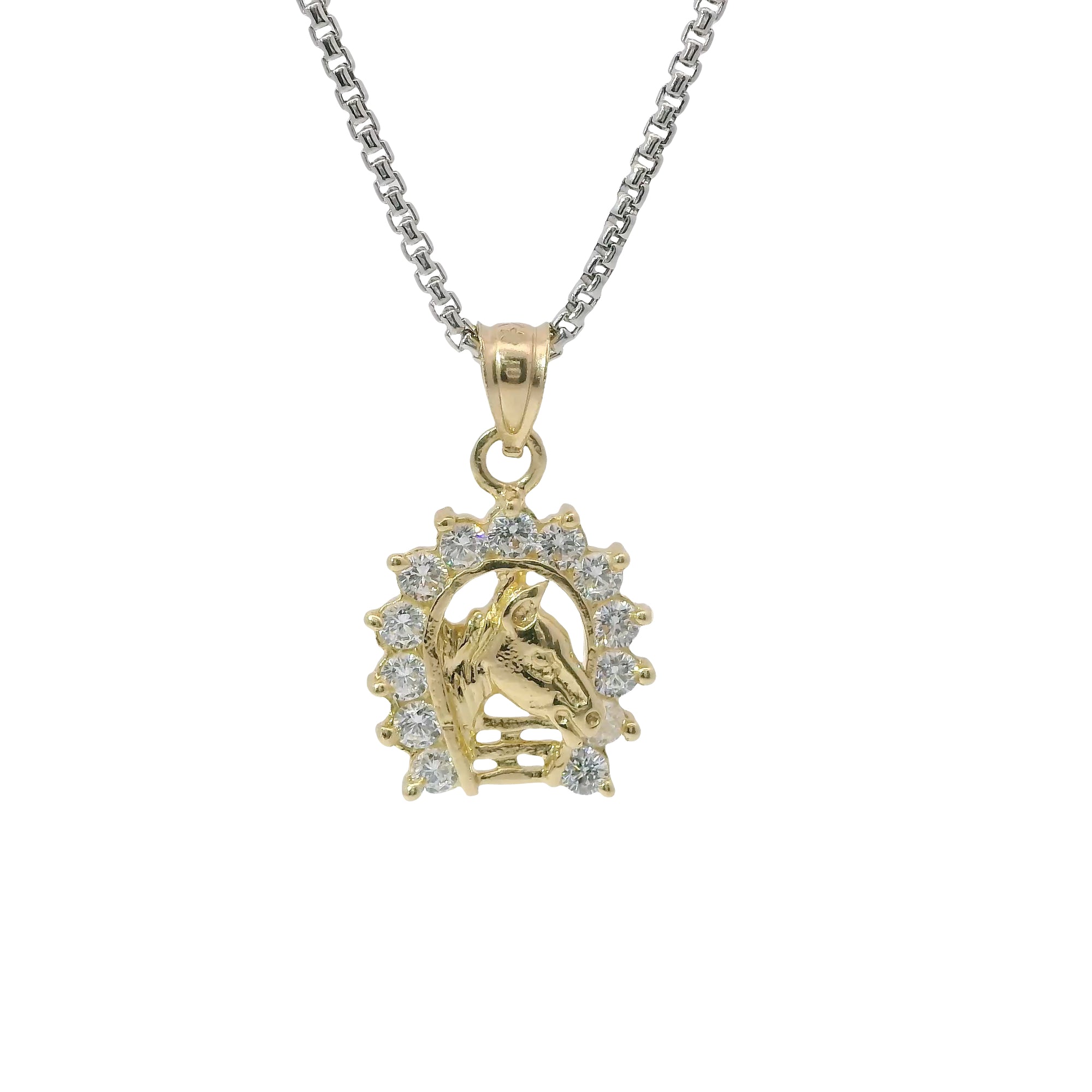 14KT Gold Charm Small Horsehead Center with White CZ Stones Horseshoe Border and Plain Bell