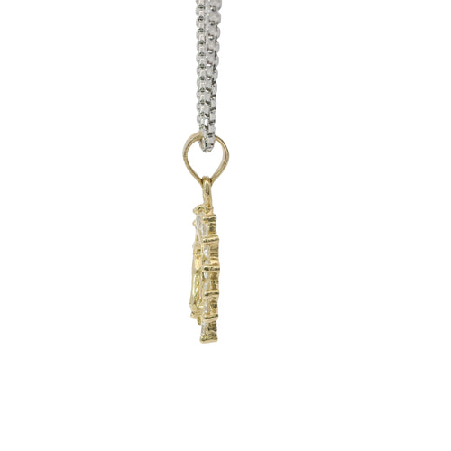 14KT Gold Charm Small Horsehead Center with White CZ Stones Horseshoe Border and Plain Bell