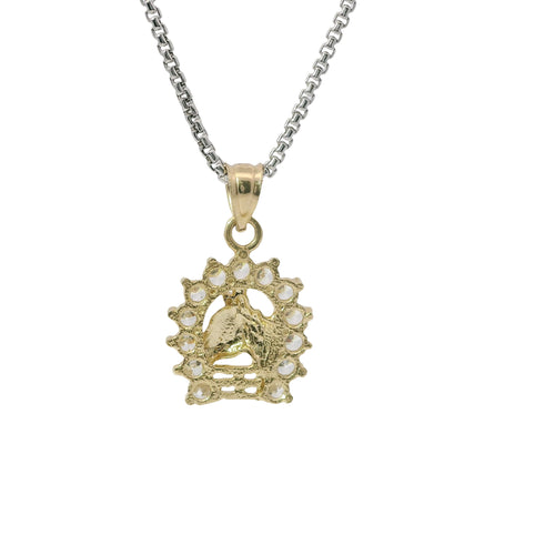 14KT Gold Charm Small Horsehead Center with White CZ Stones Horseshoe Border and Plain Bell