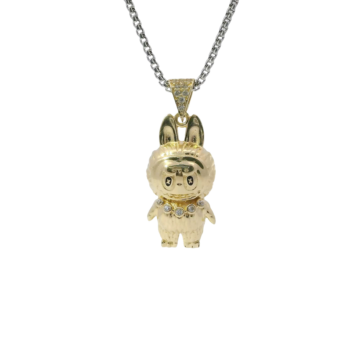 14KT Gold Charm Small 3D Diamond Cut LaBuBu Body, White CZ Stones Necklace, Black Enamel Eyes and White CZ Stones Bell
