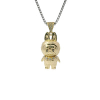14KT Gold Charm Small 3D Diamond Cut LaBuBu Body, White CZ Stones Necklace, Black Enamel Eyes and White CZ Stones Bell