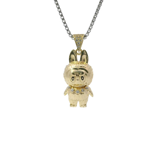 14KT Gold Charm Small 3D Diamond Cut LaBuBu Body, White CZ Stones Necklace, Black Enamel Eyes and White CZ Stones Bell