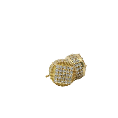 14KT Gold Earrings Small Round Cylinder White CZ Stones Square Cluster Center, Currency Border, Double Row White CZ Stones Edge, Push Back Post and Butterfly Backs