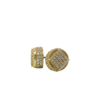 14KT Gold Earrings Small Round Cylinder White CZ Stones Square Cluster Center, Currency Border, Double Row White CZ Stones Edge, Push Back Post and Butterfly Backs
