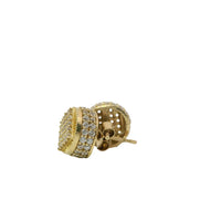 14KT Gold Earrings Small Round Cylinder White CZ Stones Square Cluster Center, Currency Border, Double Row White CZ Stones Edge, Push Back Post and Butterfly Backs