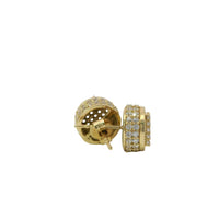 14KT Gold Earrings Small Round Cylinder White CZ Stones Square Cluster Center, Currency Border, Double Row White CZ Stones Edge, Push Back Post and Butterfly Backs