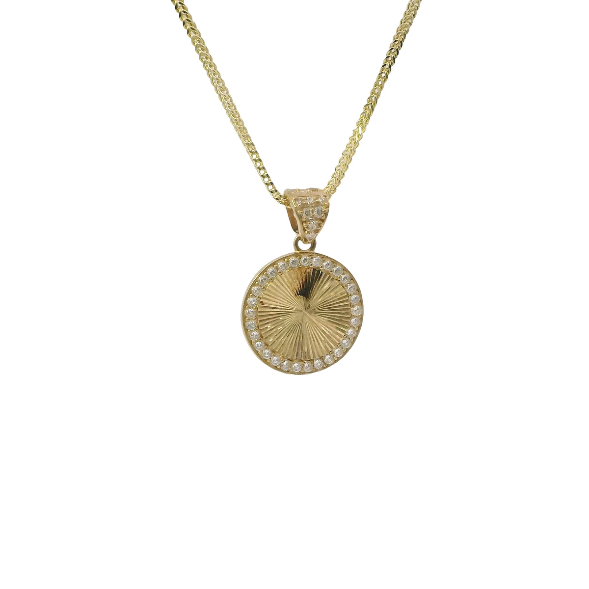 14KT Gold Charm Small Sunray Center Coin with White CZ Stones Border and Bell