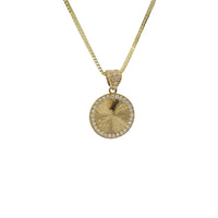 14KT Gold Charm Small Sunray Center Coin with White CZ Stones Border and Bell