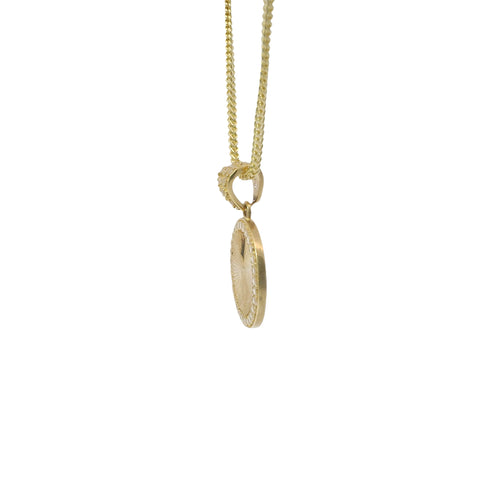 14KT Gold Charm Small Sunray Center Coin with White CZ Stones Border and Bell