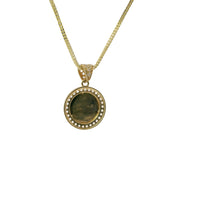 14KT Gold Charm Small Sunray Center Coin with White CZ Stones Border and Bell