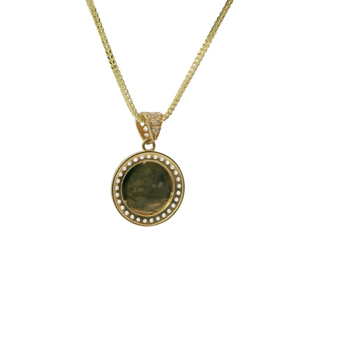 14KT Gold Charm Small Sunray Center Coin with White CZ Stones Border and Bell