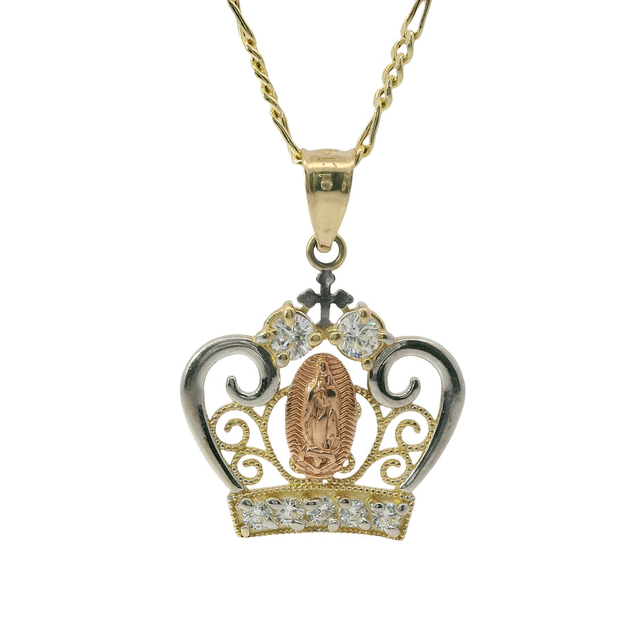 14KT Gold Charm Women's Tri Tone Virgin Mary Tiara with Two White CZ Top Stones and Five White CZ Stones Tiara Band with Plain Split Band