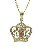14KT Gold Charm Women's Tri Tone Virgin Mary Tiara with Two White CZ Top Stones and Five White CZ Stones Tiara Band with Plain Split Band
