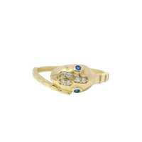 14KT Gold Ring Women's Snake Band with Navy Blue CZ Stone Eyes and White CZ Stones on Top of Nose and Plain Snake Tail Band