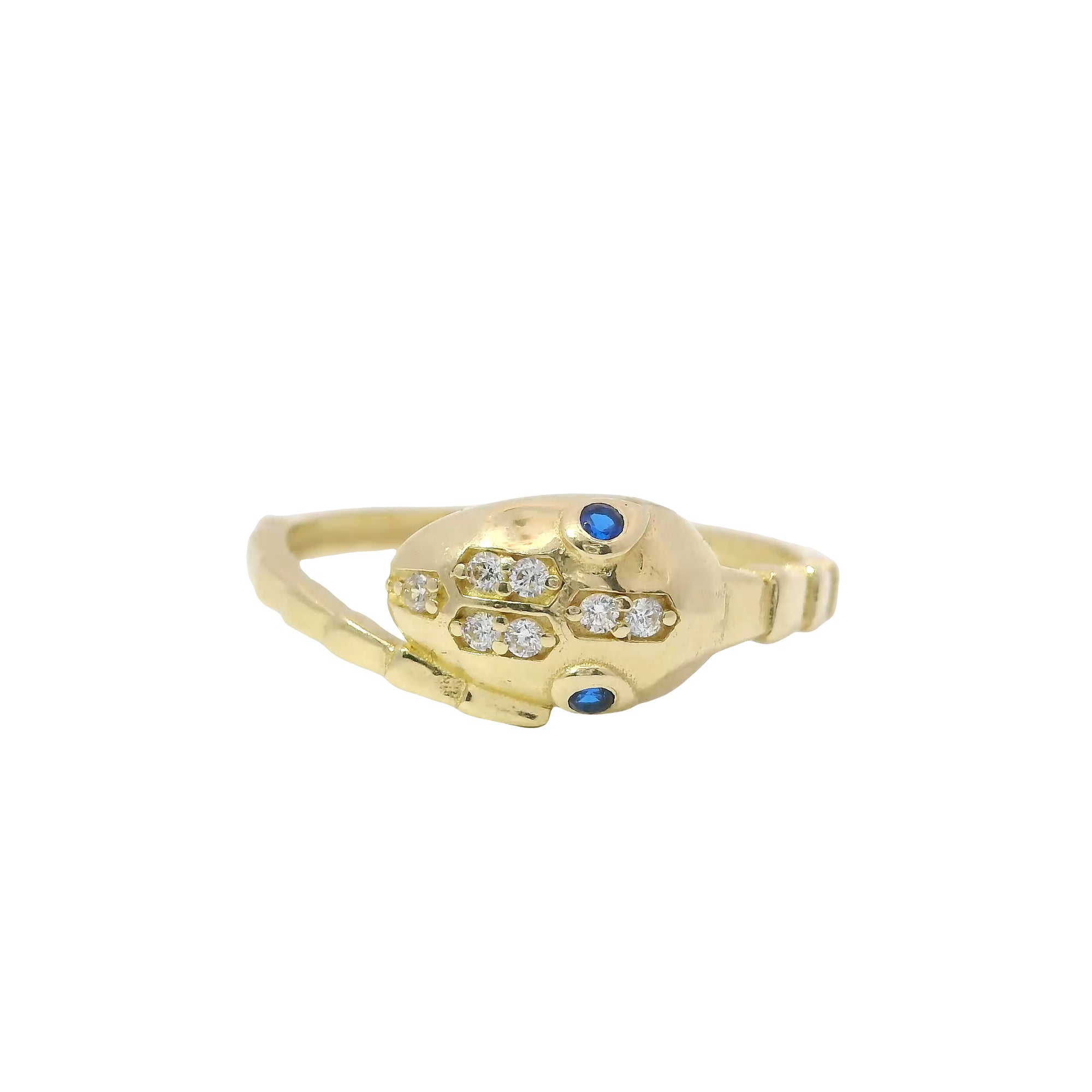 14KT Gold Ring Women's Snake Band with Navy Blue CZ Stone Eyes and White CZ Stones on Top of Nose and Plain Snake Tail Band