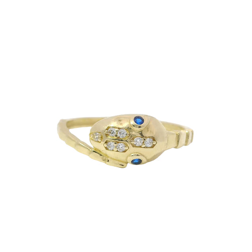 14KT Gold Ring Women's Snake Band with Navy Blue CZ Stone Eyes and White CZ Stones on Top of Nose and Plain Snake Tail Band