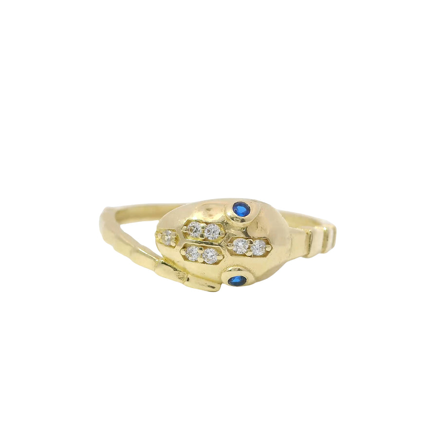 14KT Gold Ring Women's Snake Band with Navy Blue CZ Stone Eyes and White CZ Stones on Top of Nose and Plain Snake Tail Band