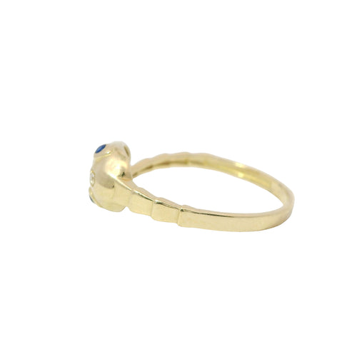 14KT Gold Ring Women's Snake Band with Navy Blue CZ Stone Eyes and White CZ Stones on Top of Nose and Plain Snake Tail Band