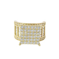 14KT Gold Ring Women's Square Four Prong Six Row White CZ Stones Cluster with Four Sections of Four CZ Baguettes with Round White CZ Stones Border Band