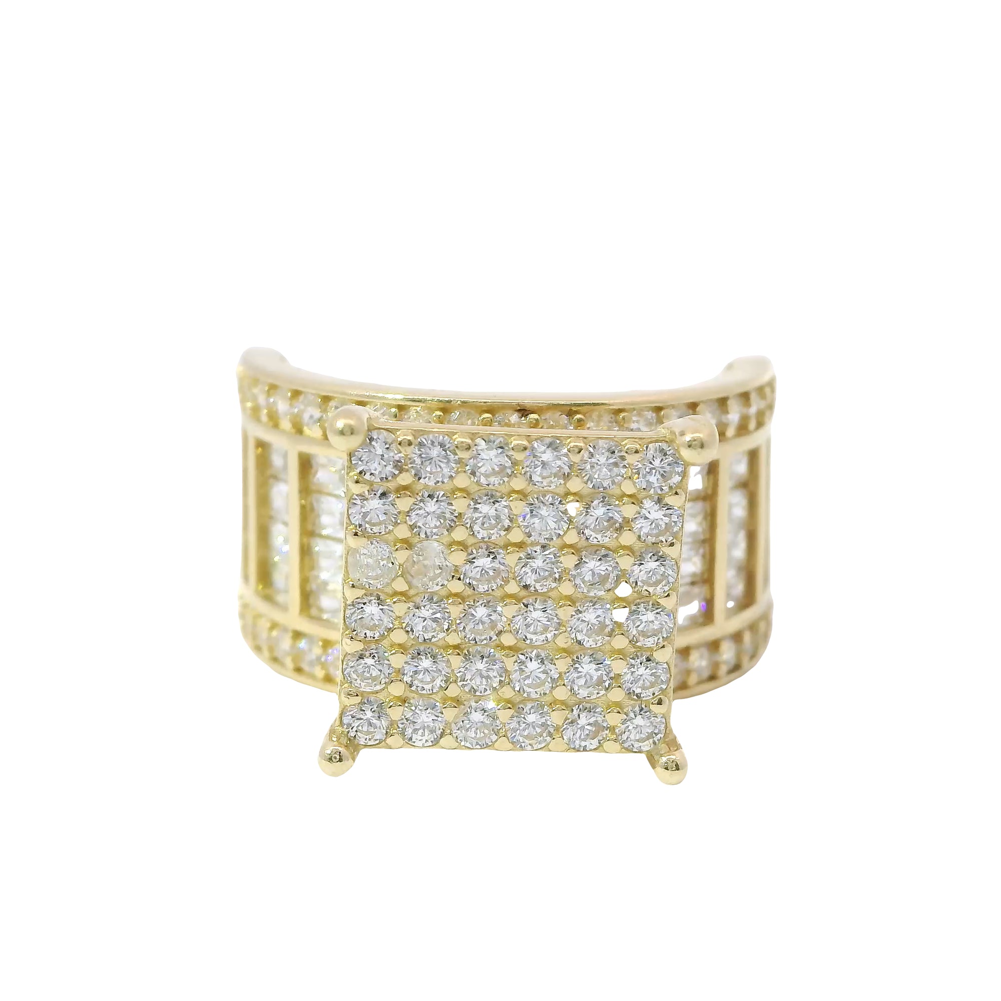 14KT Gold Ring Women's Square Four Prong Six Row White CZ Stones Cluster with Four Sections of Four CZ Baguettes with Round White CZ Stones Border Band