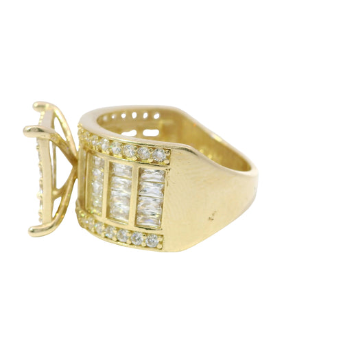14KT Gold Ring Women's Square Four Prong Six Row White CZ Stones Cluster with Four Sections of Four CZ Baguettes with Round White CZ Stones Border Band