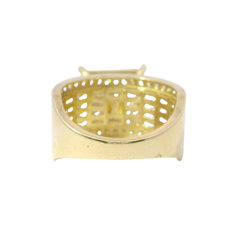 14KT Gold Ring Women's Square Four Prong Six Row White CZ Stones Cluster with Four Sections of Four CZ Baguettes with Round White CZ Stones Border Band