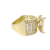 14KT Gold Ring Women's Square Four Prong Six Row White CZ Stones Cluster with Four Sections of Four CZ Baguettes with Round White CZ Stones Border Band