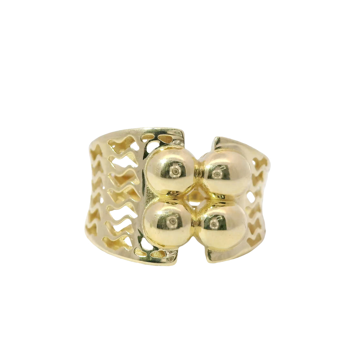14KT Gold Ring Women's Abstract Square Bubble Dots Split Band Design Wavy Cutout Pattern Band