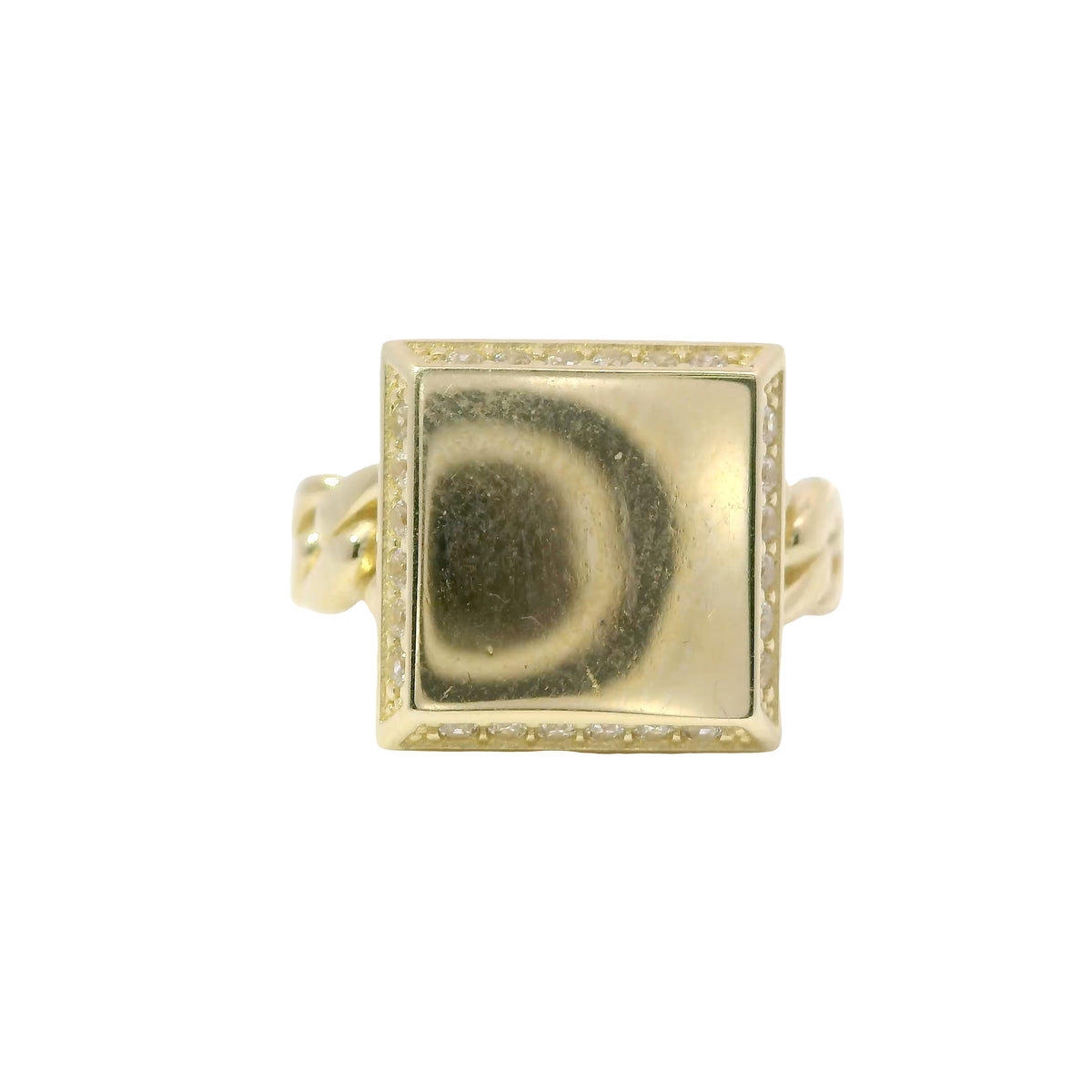 14KT Gold Ring Women's Engravable Square Center with White CZ Stones Edge and Cuban Link Band