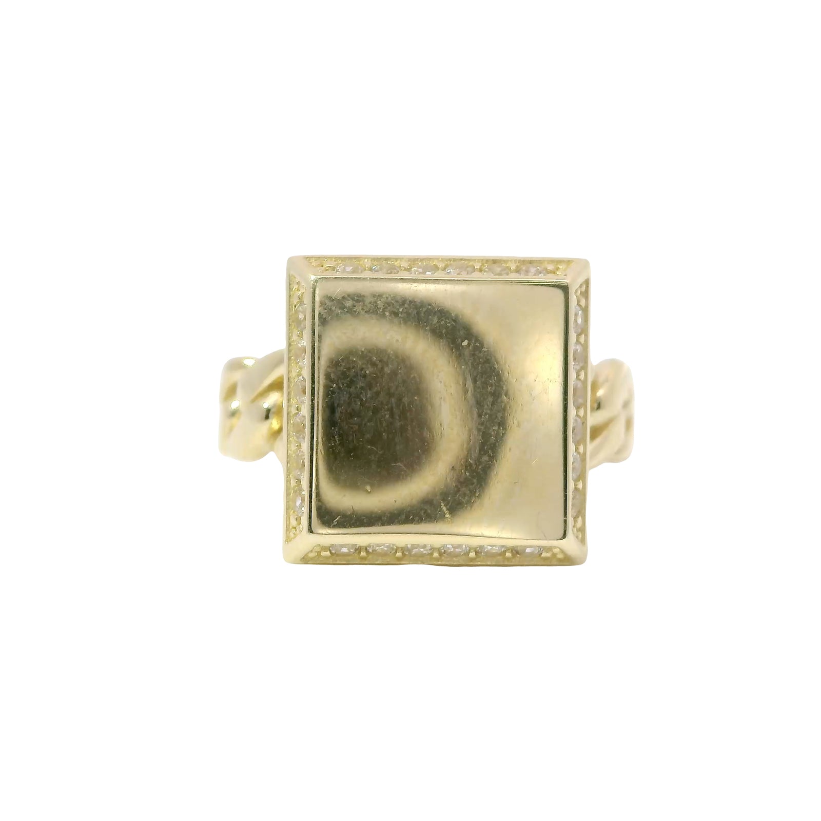 14KT Gold Ring Women's Engravable Square Center with White CZ Stones Edge and Cuban Link Band