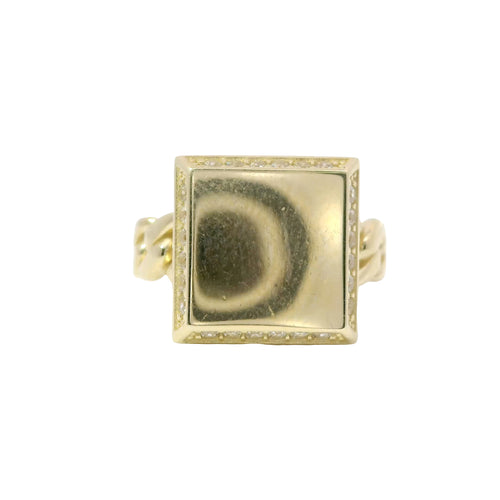 14KT Gold Ring Women's Engravable Square Center with White CZ Stones Edge and Cuban Link Band