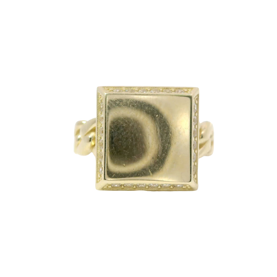 14KT Gold Ring Women's Engravable Square Center with White CZ Stones Edge and Cuban Link Band