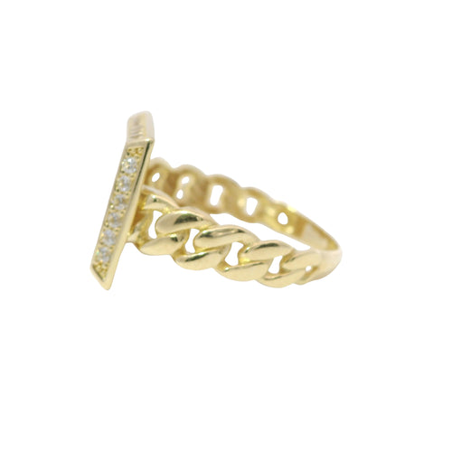 14KT Gold Ring Women's Engravable Square Center with White CZ Stones Edge and Cuban Link Band