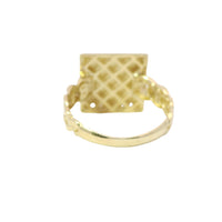 14KT Gold Ring Women's Engravable Square Center with White CZ Stones Edge and Cuban Link Band
