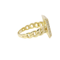14KT Gold Ring Women's Engravable Square Center with White CZ Stones Edge and Cuban Link Band