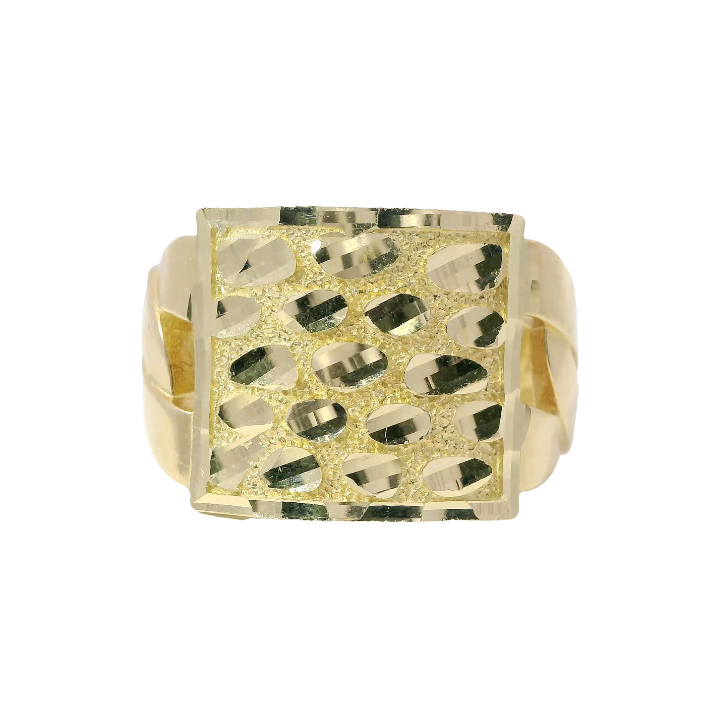 14KT Gold Ring Men's Square Large Flat Nugget with Plain Border and Cuban Link Band