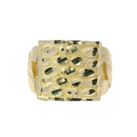 14KT Gold Ring Men's Square Large Flat Nugget with Plain Border and Cuban Link Band