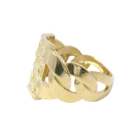 14KT Gold Ring Men's Square Large Flat Nugget with Plain Border and Cuban Link Band