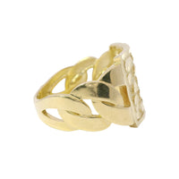 14KT Gold Ring Men's Square Large Flat Nugget with Plain Border and Cuban Link Band
