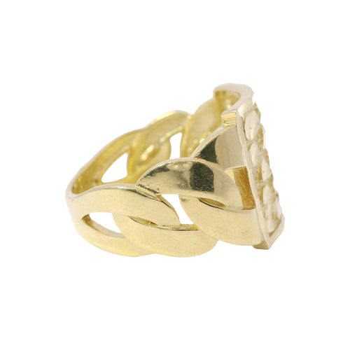 14KT Gold Ring Men's Square Large Flat Nugget with Plain Border and Cuban Link Band